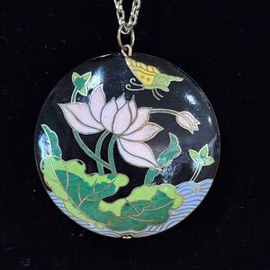Vintage Cloisonné Large Double sided butterfly and flower pendant and chain